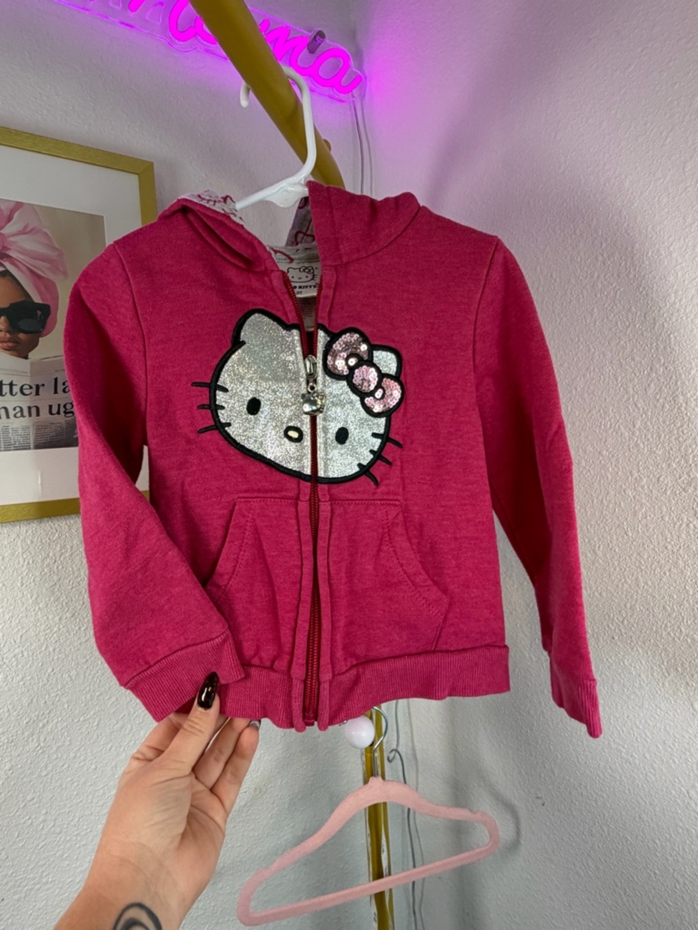 Girls Hello Kitty Hot Pink Glitter Face Full Zip Hoodie 3T - Picture 2 of 7